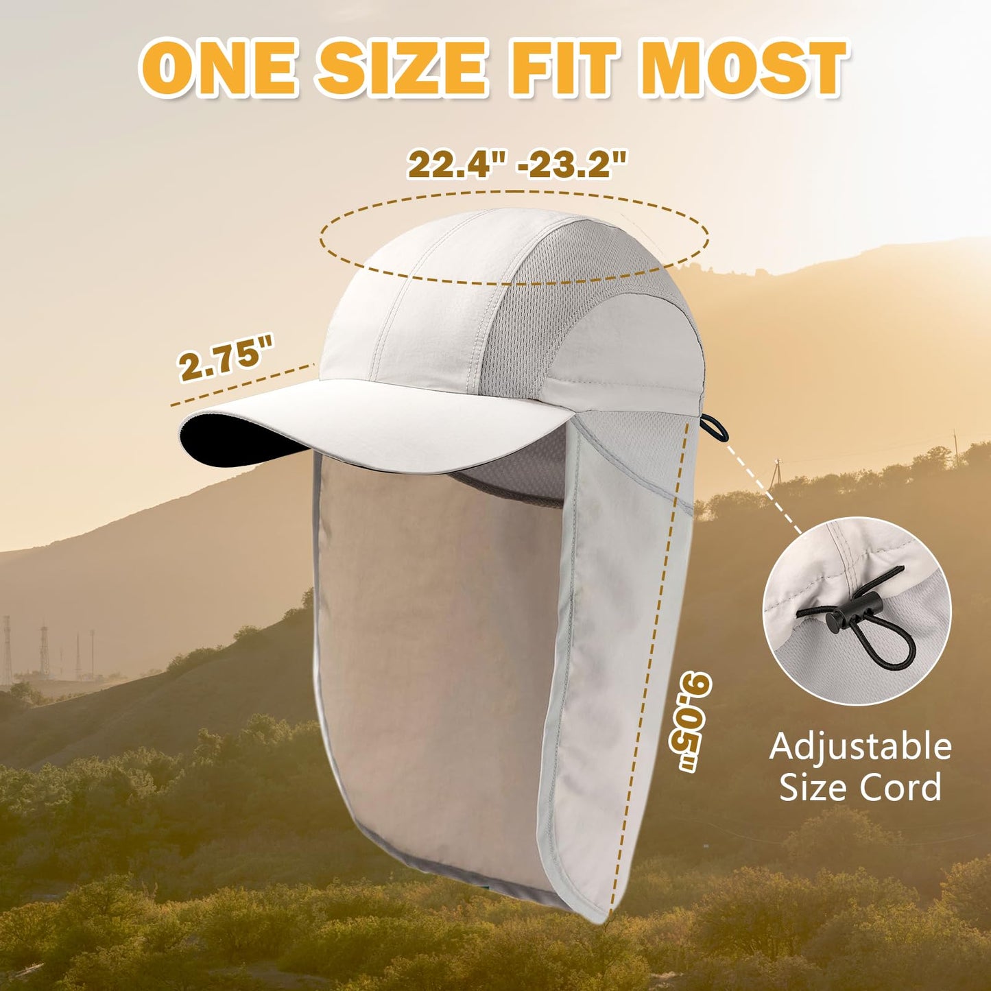 Mens Sun Hat with Breathable Mesh Sun Hats for Men Sun Protection Fishing Hat with Neck Flap for Hiking Cycling Gray