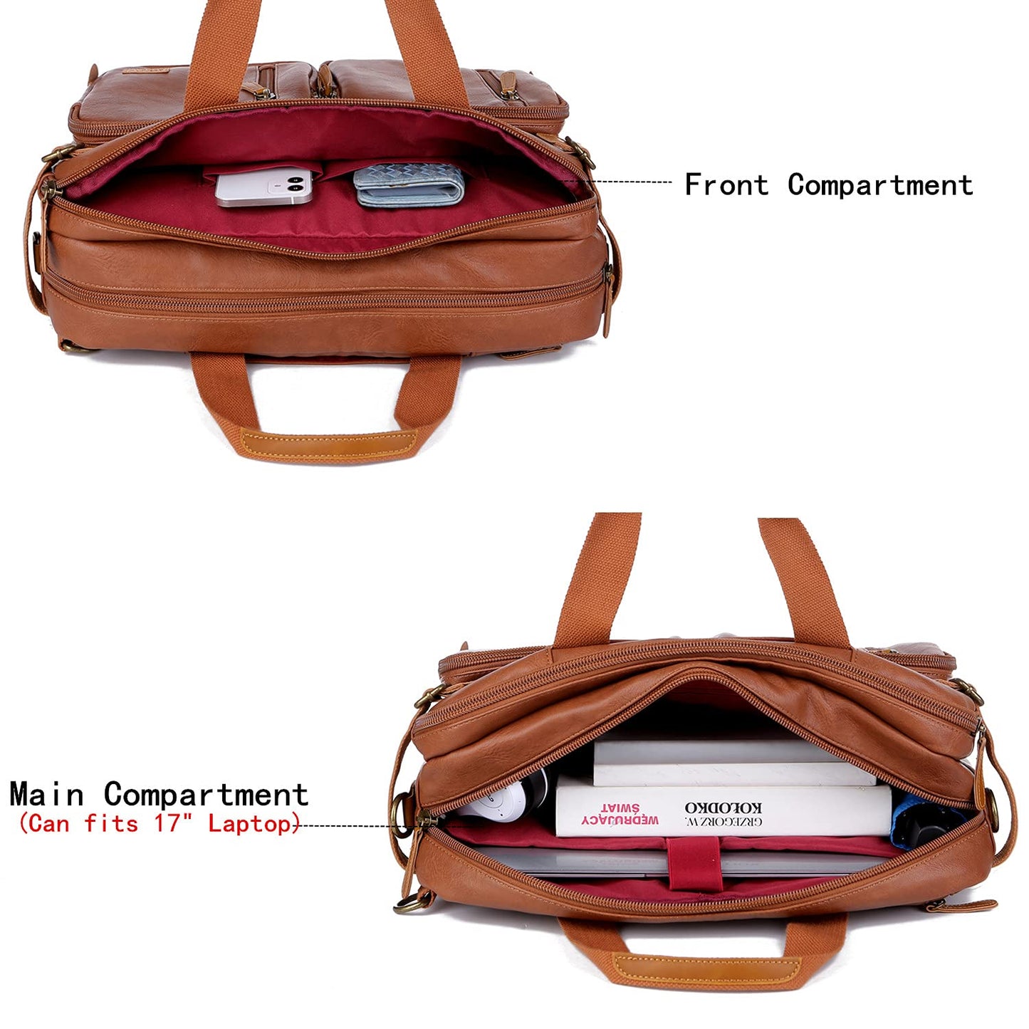 Men Vegan Leather Briefcase Backpack Hybrid 17 Inch Laptop Bag Case Business Messenger bag HB-22 (Brown)