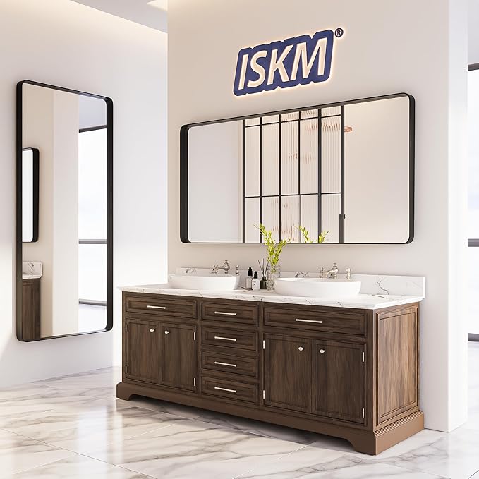 ISKM Bathroom Mirror for Wall 55" x 30" Matte Black Bathroom Vanity Mirror Farmhouse, Anti-Rust, Tempered Glass, Hangs Horizontally or Vertically