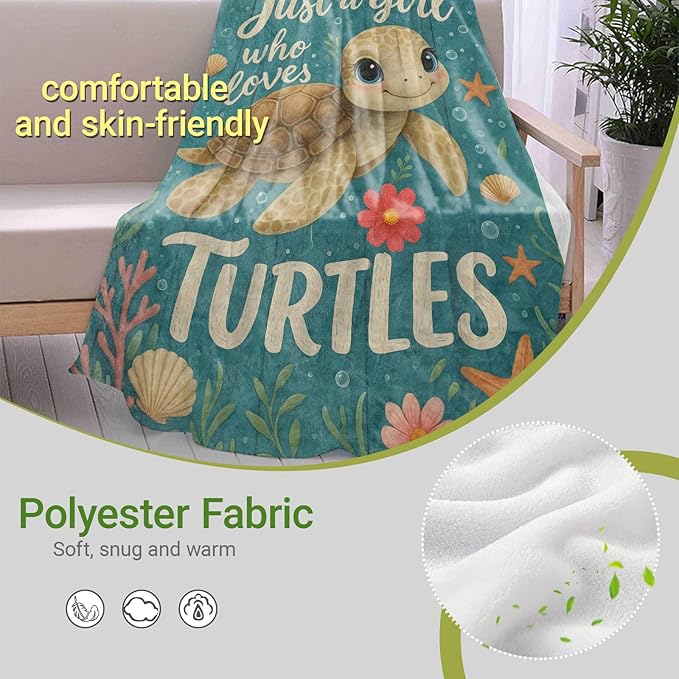 Cute Turtle Lightweight Throw Blanket, Cartoon Ocean Animal with Shell and Starfish, Warm Soft Cozy Flannel Blankets, Couch Dorm Home Decor All Season Use, 80x60in, Gifts for Girls Women