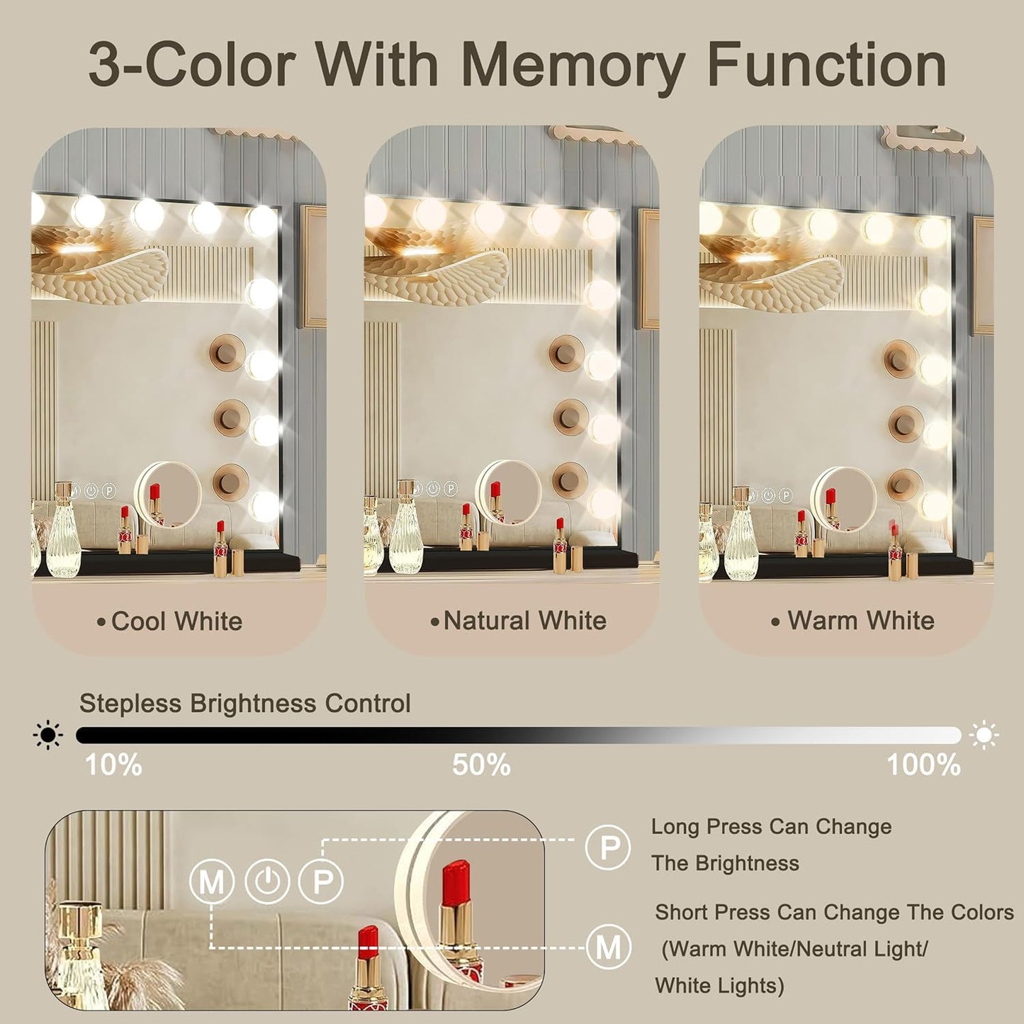 Hollywood Vanity Mirror with Lights, 15 Dimmable Bulbs, 3 Color Lights,Make Up Lighted Mirror, Aluminum Metal Frame, USB Charging Port（23" x 18"）