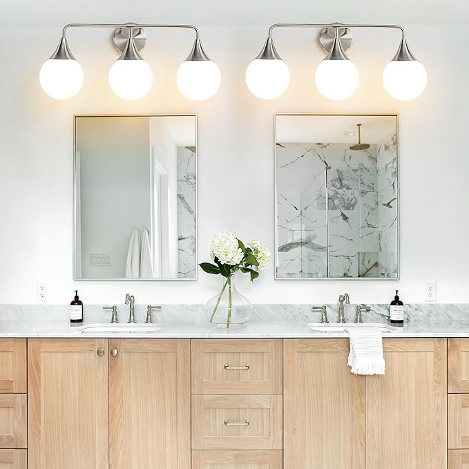Bathroom Vanity Light Fixtures: Brushed Nickel 3-Light Mid Century Modern Bathroom Lighting Fixtures Over Mirror - Wall Sconce with Milky White Globe Glass for Bath Living Room