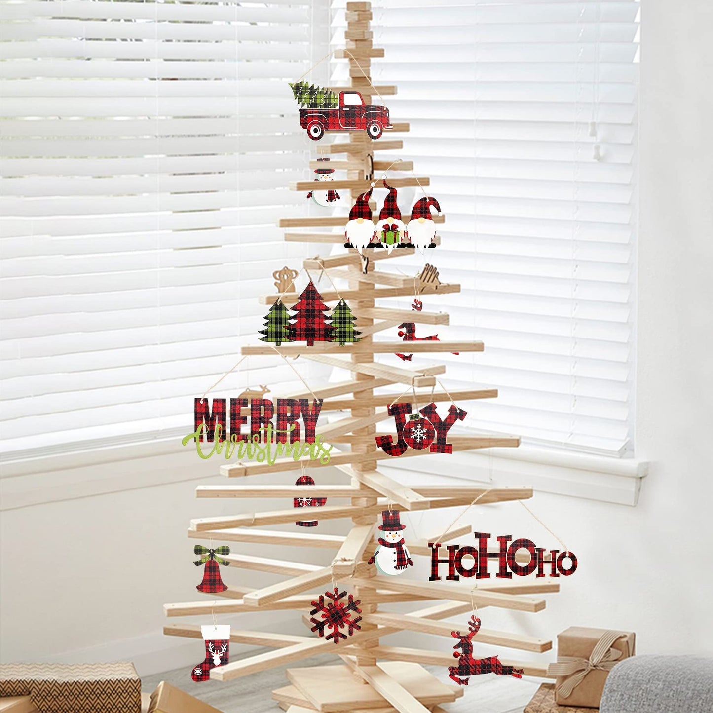 Clearance 18Pcs Christmas Tree Ornaments Buffalo Plaid Merry Christmas Ho Ho Ho Joy Sign Wooden Xmas Red Truck Gnomes Snowflake Snowman Reindeer Bell Sock Glove for Holiday Party Decorations Supplies