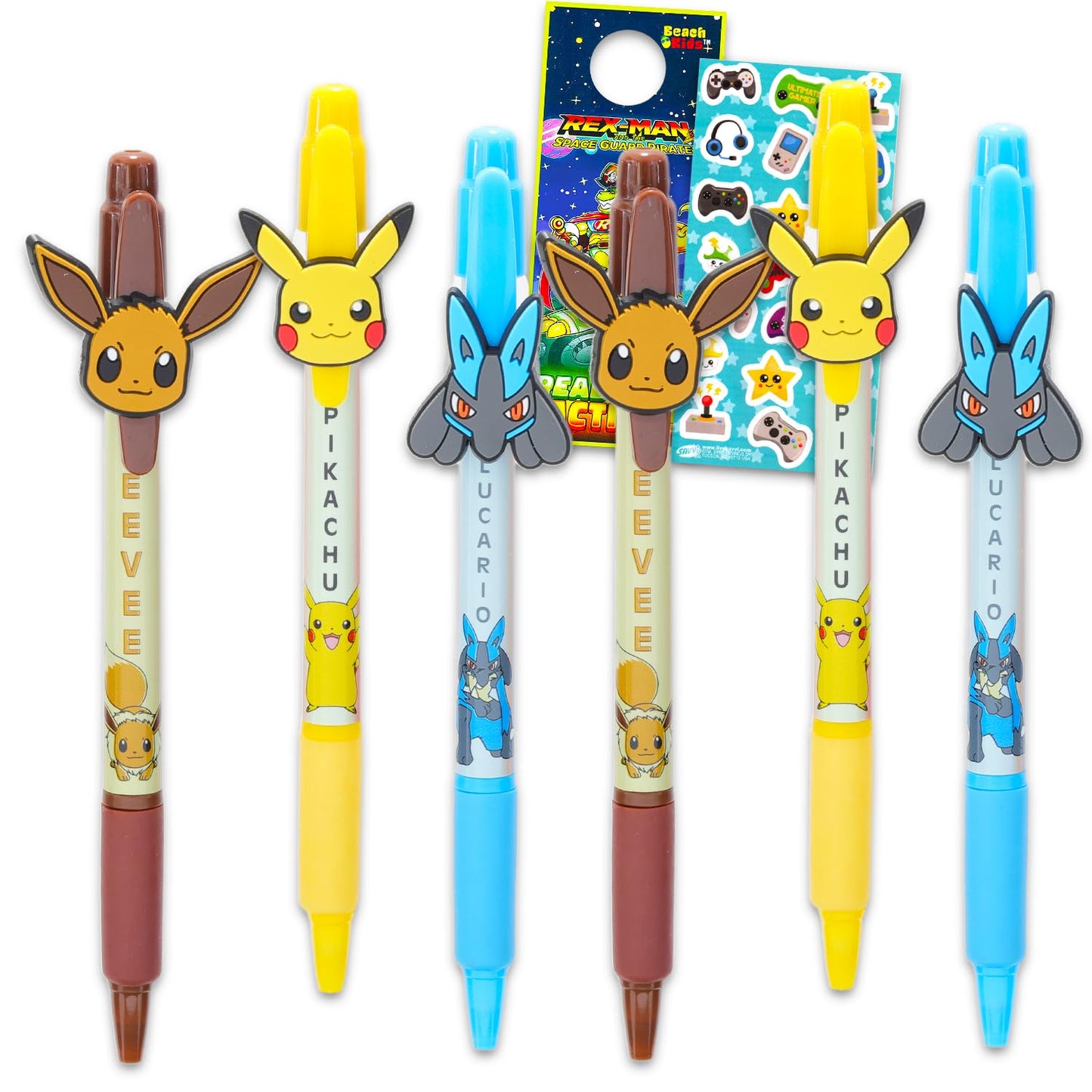 Nintendo Pokémon Pen Set – 6-Pack Ballpoint Pens with Pikachu, Eevee & Lucario + Stickers & More | Pokemon Party Favors & School Supplies Bundle for Kids