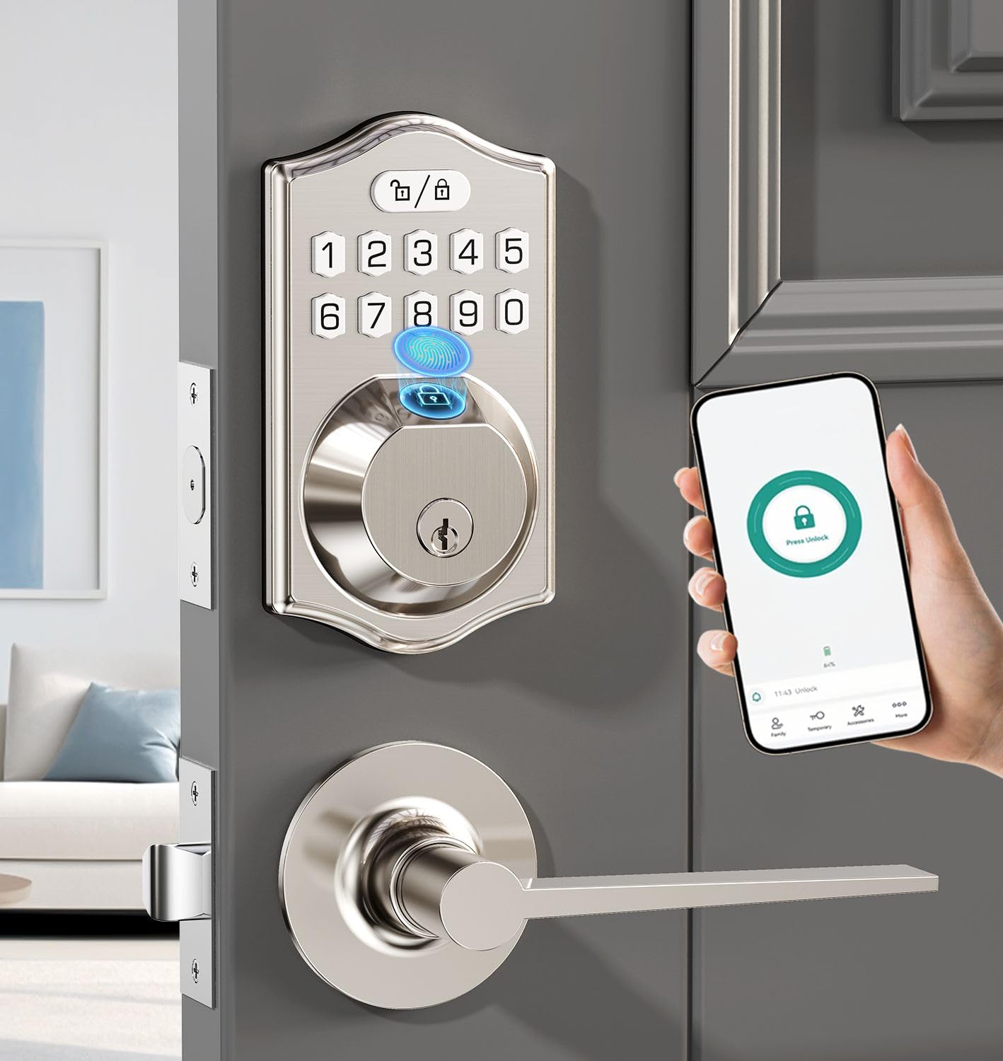 keyless Entry Door Lock deadbolt with Handle Set- Front Door Fingerprint Smart Locks with 2 Lever Handles-Keypad Code Deadbolt -App Control,Auto Lock,Easy to Install