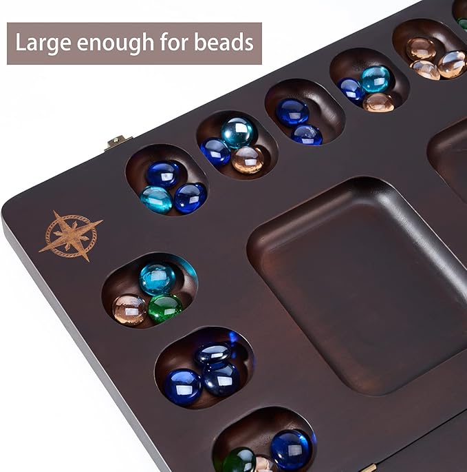 VAMSLOVE Mancala 4 Player Board Game Set Luxury Solid Wood Folding Mancala Board 96+12 Bonus Multi Color Glass Stone Beads Game Instructions Included