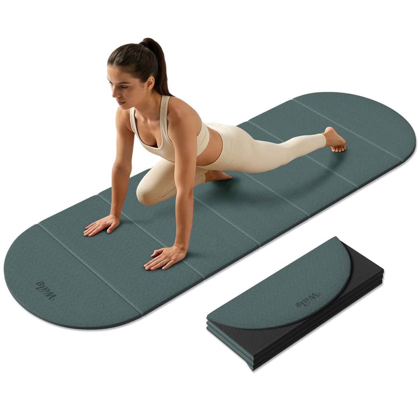 WeiLa Foldable Yoga Mat 10mm Extra Thick, 75"x26" Large, SGS-Certified Non-Slip TPE Fitness Mat, 7-Fold Portable for Yoga Pilates Floor Workouts Home Gym Travel (Dark Green & Black)