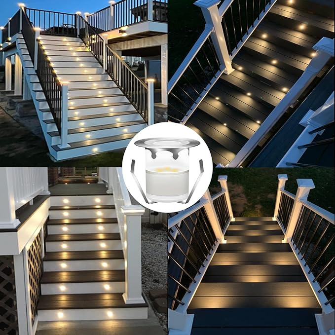 LED Outdoor Deck Lights Kits, Warm White Φ1.18in Low Voltage 12V DC IP67 Waterproof, Electric Wired Recessed Round Landscape Lighting for Exterior Yard Stair Step Floor Riser, 10 Pack Silver