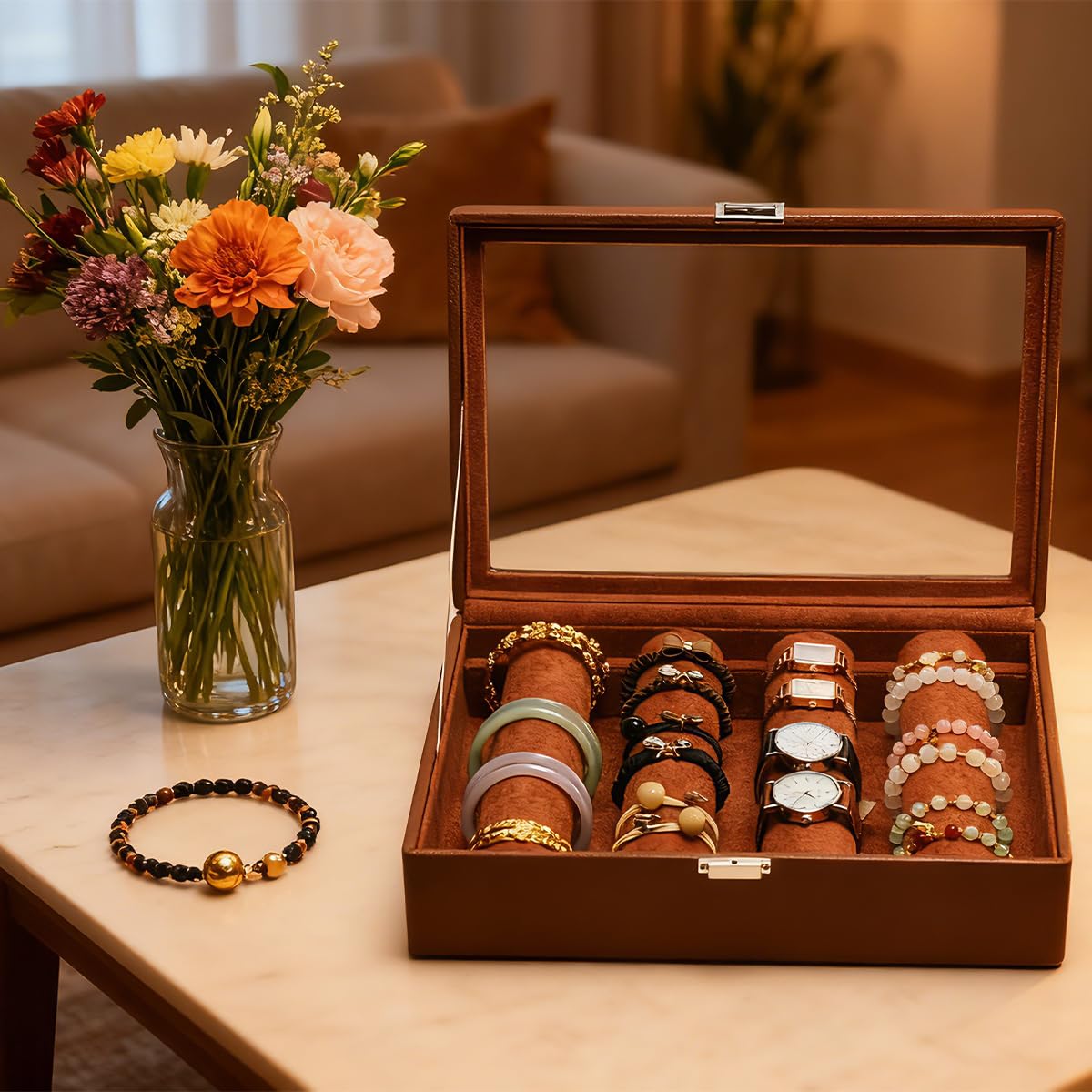 XHMQYC Bracelets Organizer Rods Bangles Display Holder, Clear See through Lid Leather Velvet Jewelry Storage Box Case for Women, 4 Rods Brown Leather