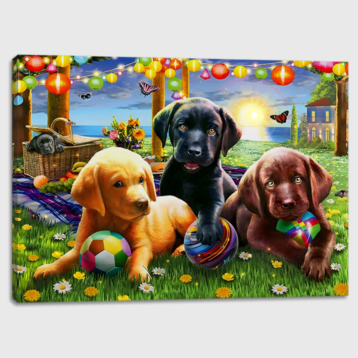 alottagifts Puppies Dog Play TIme Lighted Canvas Wall Art Print 16" x 12" With Timer | LED Canvas Wall Art Print Design | Modern Artwork for Living Room (Puppies Play TIme, 16" x 12")