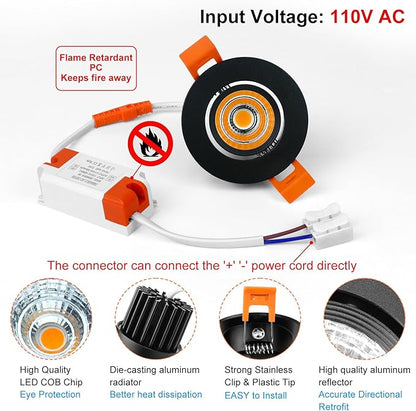 inShareplus 2 Inch LED Downlight, 3W Recessed Lighting COB Dimmable, 3000K Warm White, CRI80, Black Trim, Ceiling Lights with LED Driver, 6 Pack