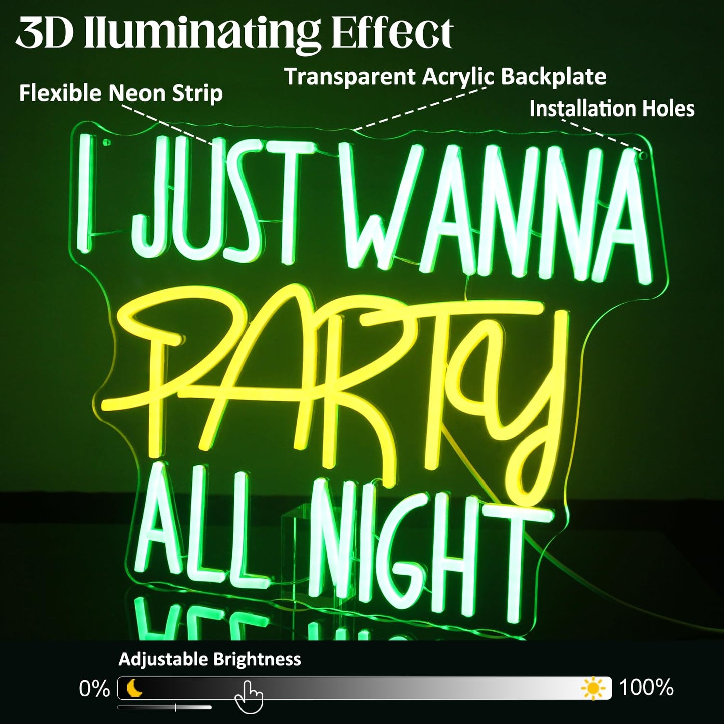 I Just Wanna Party All Night Neon Sign Green Yellow Letter Neon Light Prom Night LED Signs for Wall Dimmable Party Neon Lights Signs for Ball Prom Birthday Bar Decor USB Powered