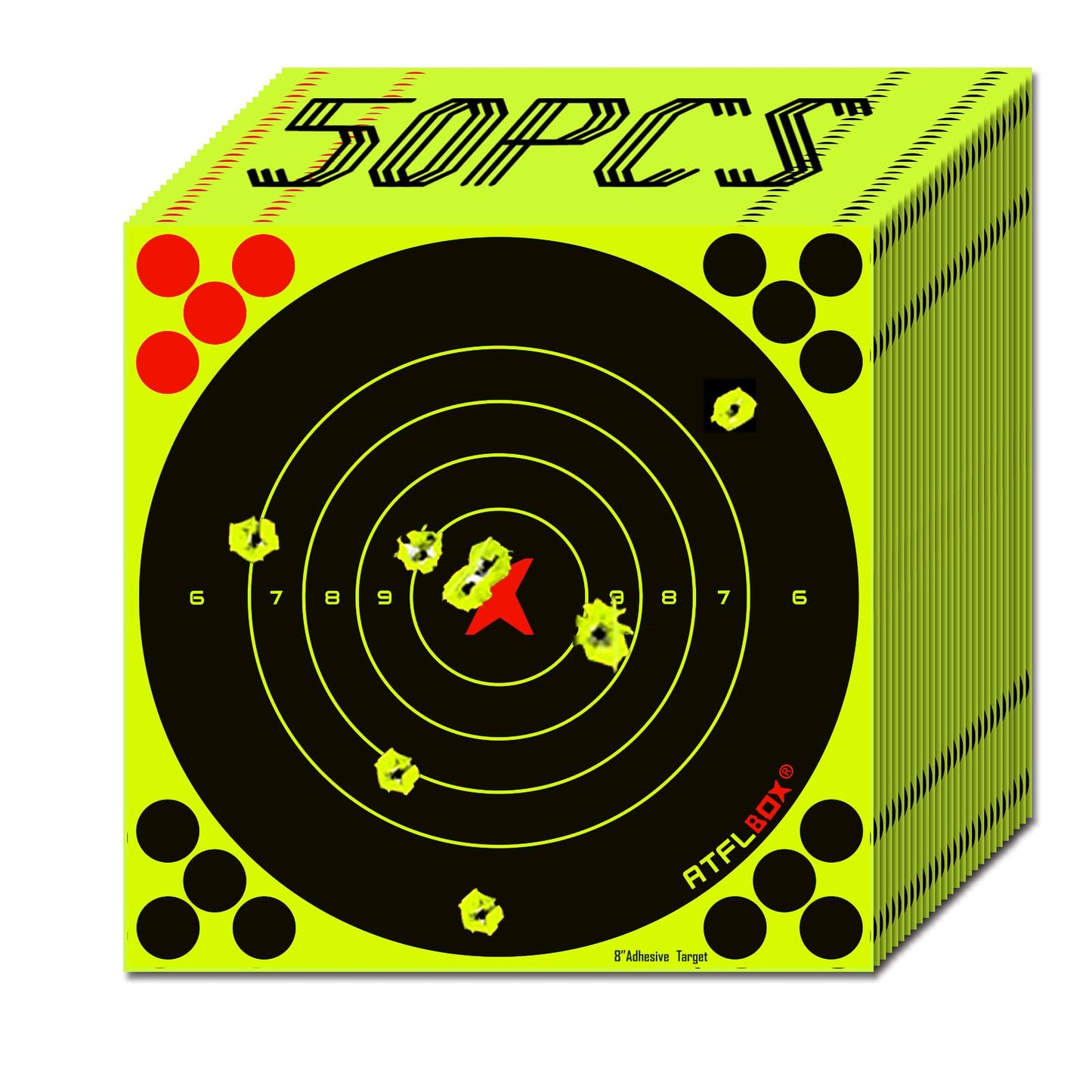 ATFLBOX 8 Inch Splatter Adhesive Bullseye Fluorescent Yellow Shooting Target Stickers, Shooting Outdoor and Indoor Ranges, Rective for Handguns, Rifle, Pistol, Pellet Guns, Airsoft, BB Guns (50 Pack)