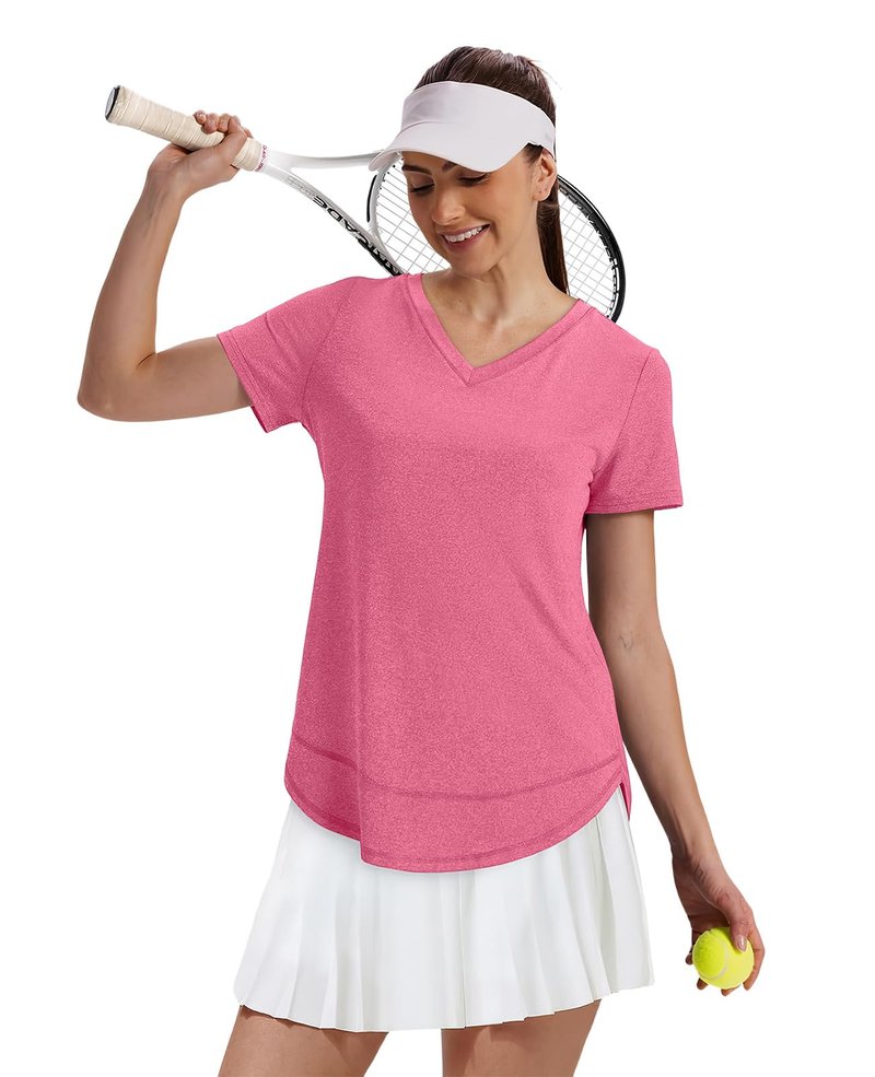 Short Sleeve Shirts for Women Workout Yoga Tops Sun Protection Clothing Summer Outfits Rash Guard Side Slit V Neck Red Pink XL