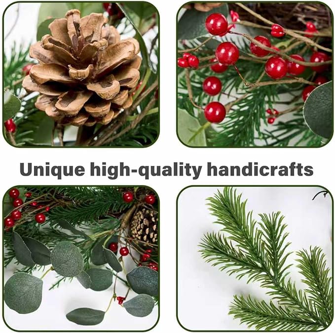 Christmas Wreath 24inch Christmas Wreaths for Front Door Xmas Red Berry Wreath with Eucalyptus Leaves Pine Cones Red Berries for Wall Window Indoor Outdoor Winter Decorations