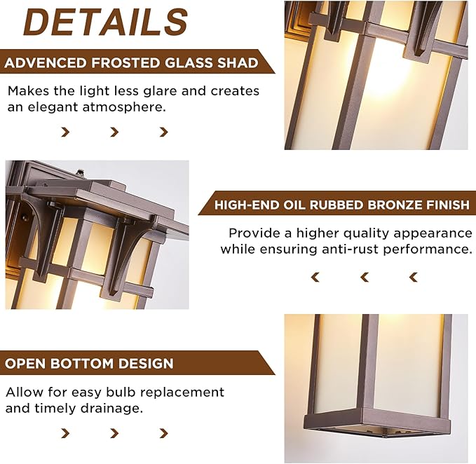 Oil Rubbed Bronze Porch Light Fixtures Wall Mount Dusk to Dawn Outdoor Sconce Waterproof Aluminum with Frosted Glass Exterior Lantern Modern House Lighting for Outside