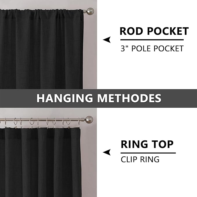 Tollpiz Linen Curtain Bedroom Rod Pocket Semi Sheer Curtains Burlap Light Filtering Thick Linen Drape for Living Room, 38 x 84 inches Long, Black, Set of 2 Panels