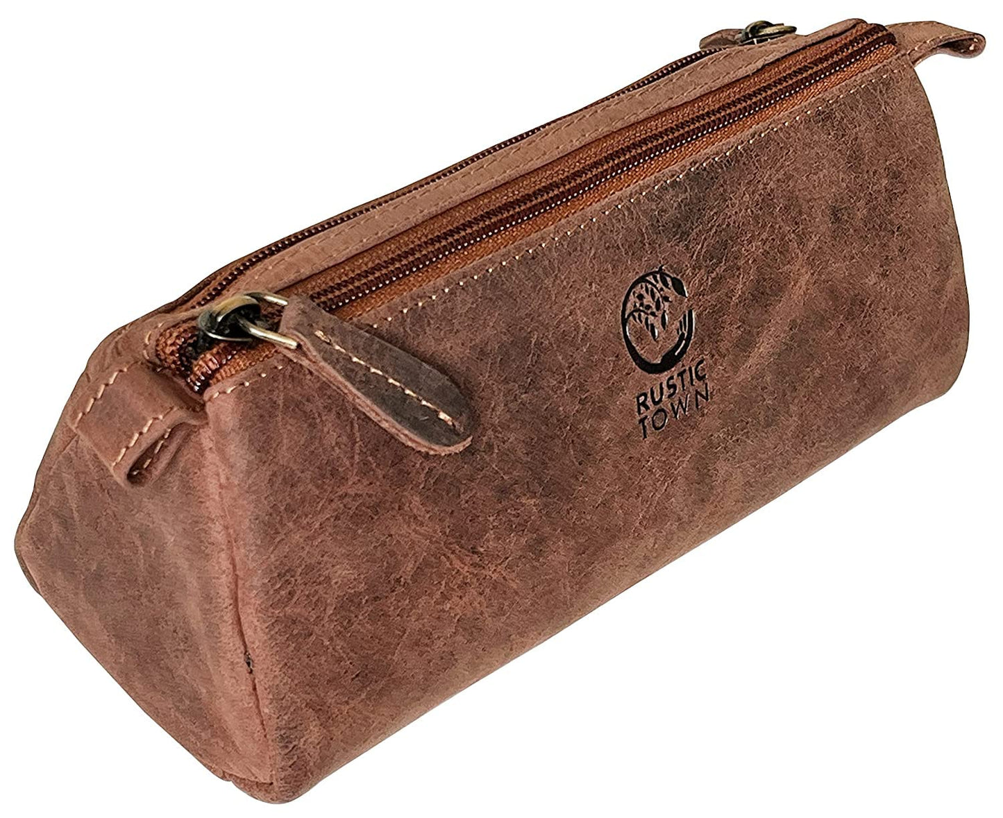 Rustic Town Leather Pencil Case - Vintage Zippered Pencil Pouch & Pen Case for Adults, Artists, Writers - Gift for Men & Women