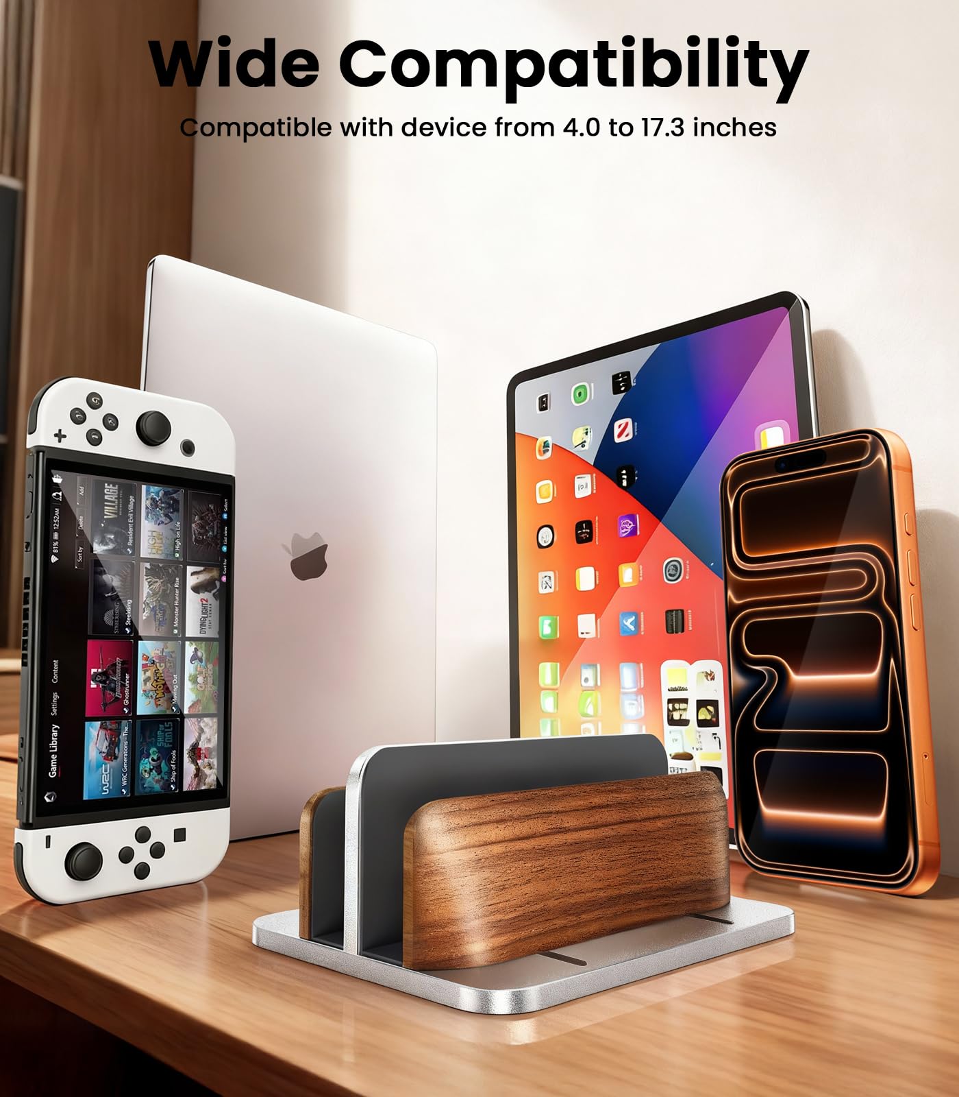 LOXP Vertical Laptop Stand, [Dual Slot Wooden + Aluminum Laptop Holder], Desktop Adjustable MacBook Stand, Adjustable Base, for MacBook Pro/Air, (up to 17.3-inch All laptops)