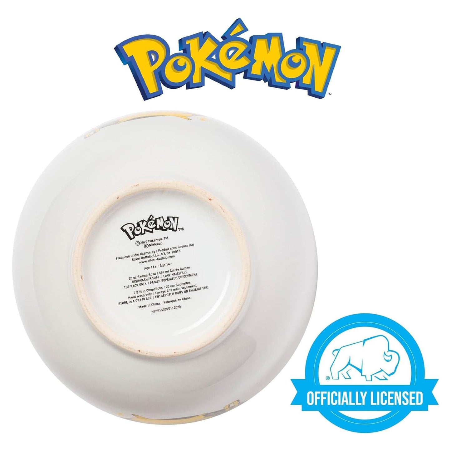 Silver Buffalo Pokemon Pikachu Ceramic Ramen Noodle Rice Bowl with Chopsticks, Microwave Safe, 20 Ounces