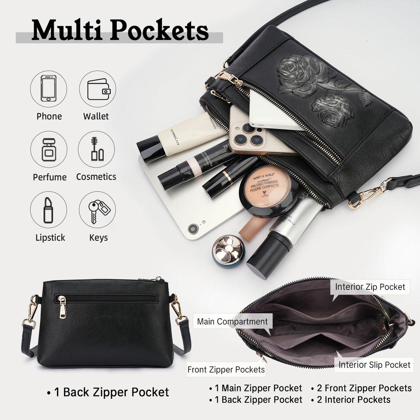 VIMUTI Vegan Leather Wristlet Wallet Purse for Women Small Clutch Purse with 2 Straps,Embossed Crossbody Cell Phone bag (Black)