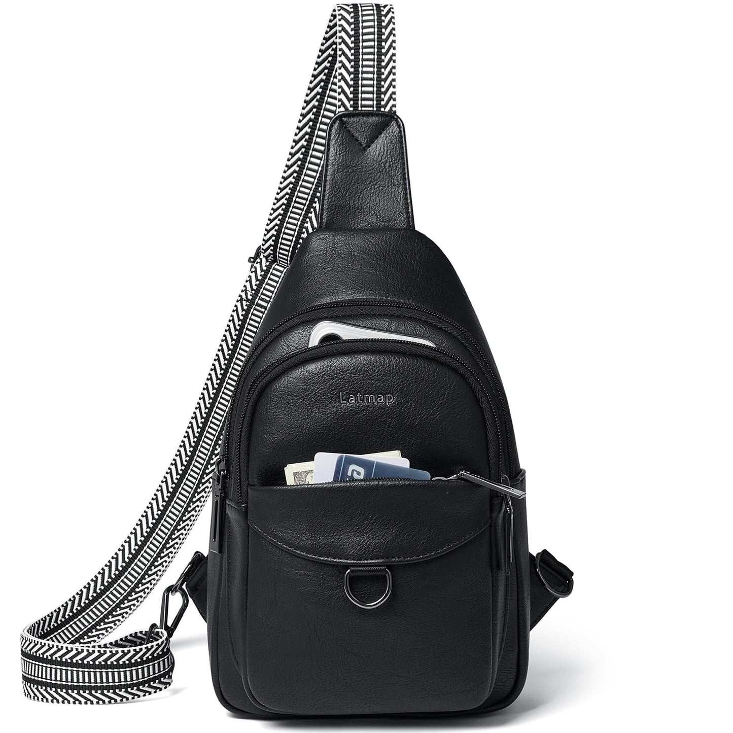 LATMAP 7L Sling Bag for Women Men Crossbody Belt Bag Small Travel Sling Backpack Anti Theft Chest Daypack Purse Faux Leather,Black