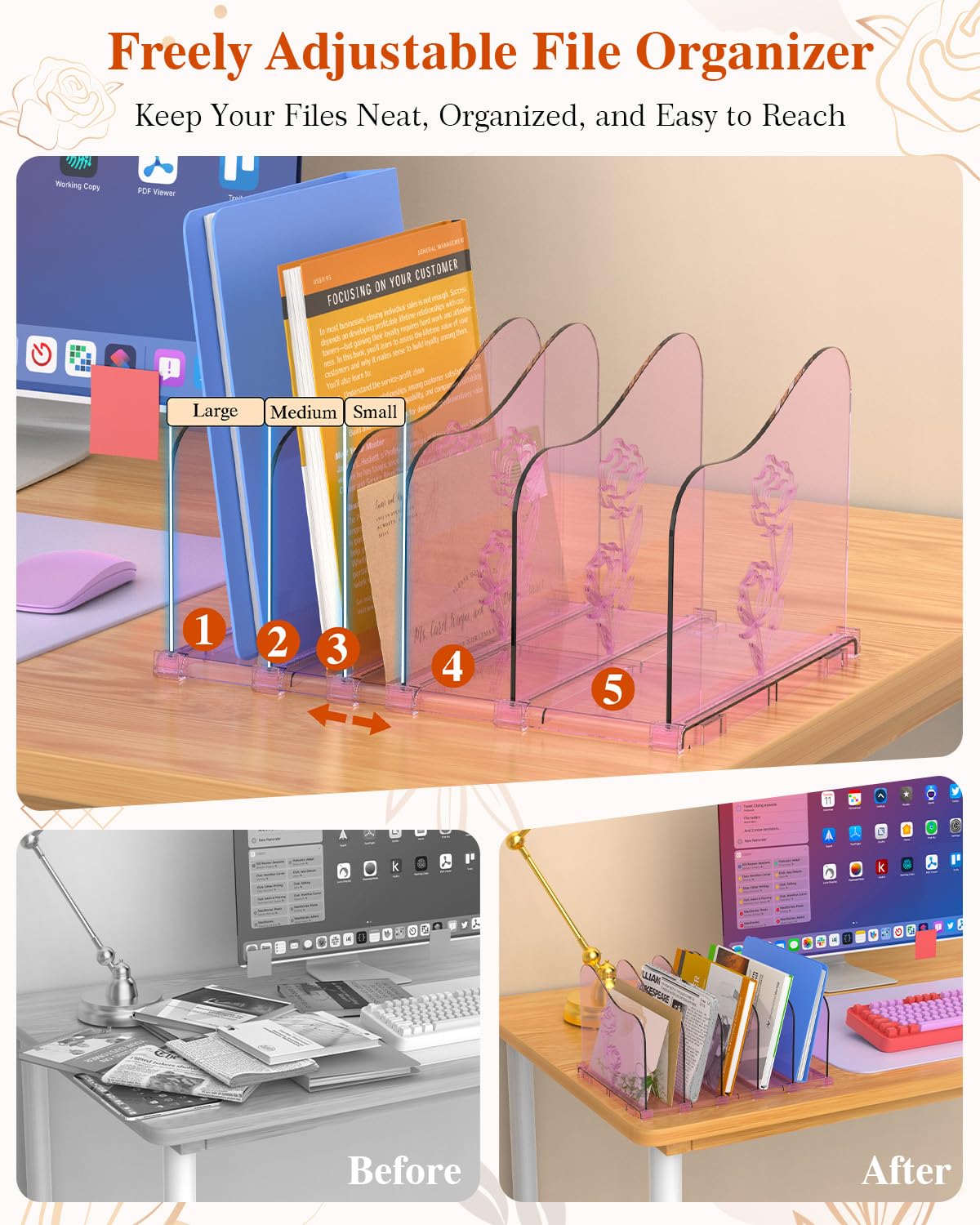 COWVTUJ Adjustable Rose File Organizer for Desk, Vertical File Folder Holders for Magazines, Upright Desktop Binder Organizer, Clear Paper Bookshelf Divider File Sorter for School Office Supplies