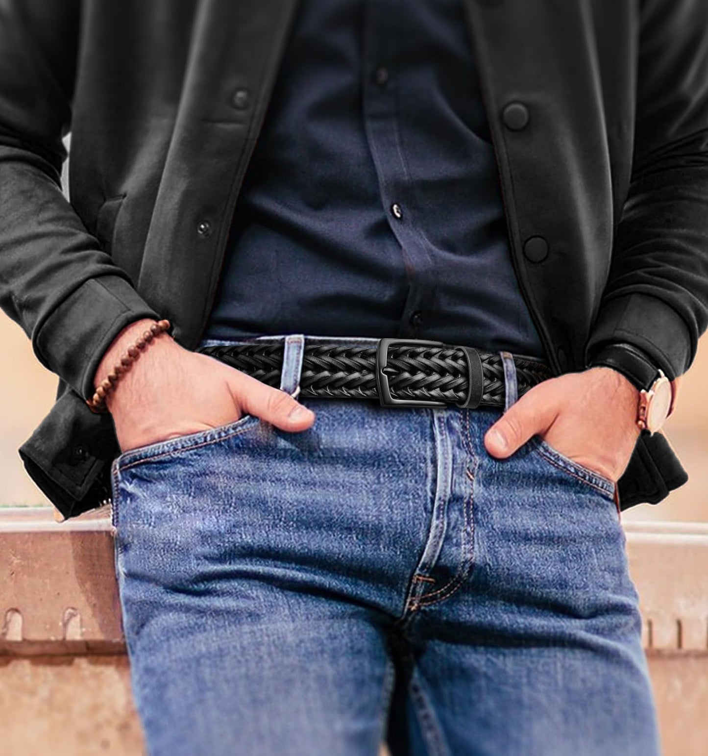 KEMISANT Men Belt, Braided Belt Comfortable For Men Casual Jean Golf 1 3/8"(Black,32"-36" Waist Adjustable)
