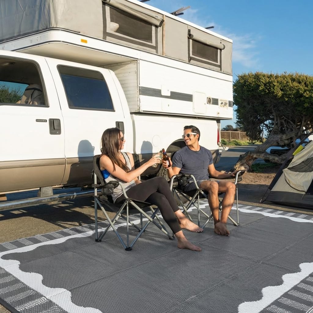 Garvee Large Scalloped Outdoor Rug 9x12 Patio Rugs Outdoor Waterproof, Reversible Plastic Straw Camping Rug, Modern Bordered Outside Mats for Picnic Backyard Deck Balcony Beach Trailer, Grey