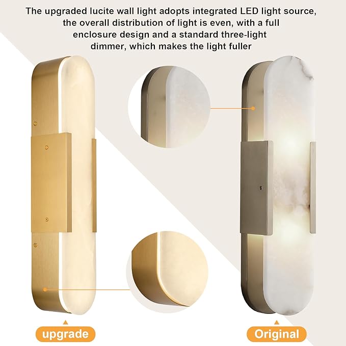Alabaster Wall Sconces Set of 2,19.7'' Brass Wall Sconce Natural Marble Wall Sconce for Bathroom, Indoor Modern Wall Light Fixtures for Living Room Hallway Stairs Vanity Bedside, Gold