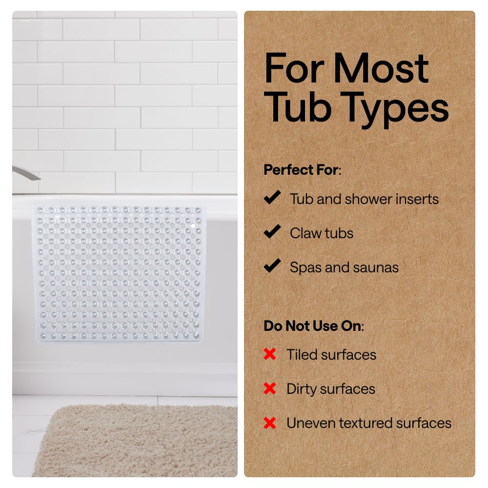 GORILLA GRIP Patented Bath Tub Shower Mat, Machine Washable Bathtub Floor Liner Mats, Suction Cups and Drain Holes to Keep Tubs Clean, Soft on Feet, Bathroom Essentials, 35x16 Inch, Clear