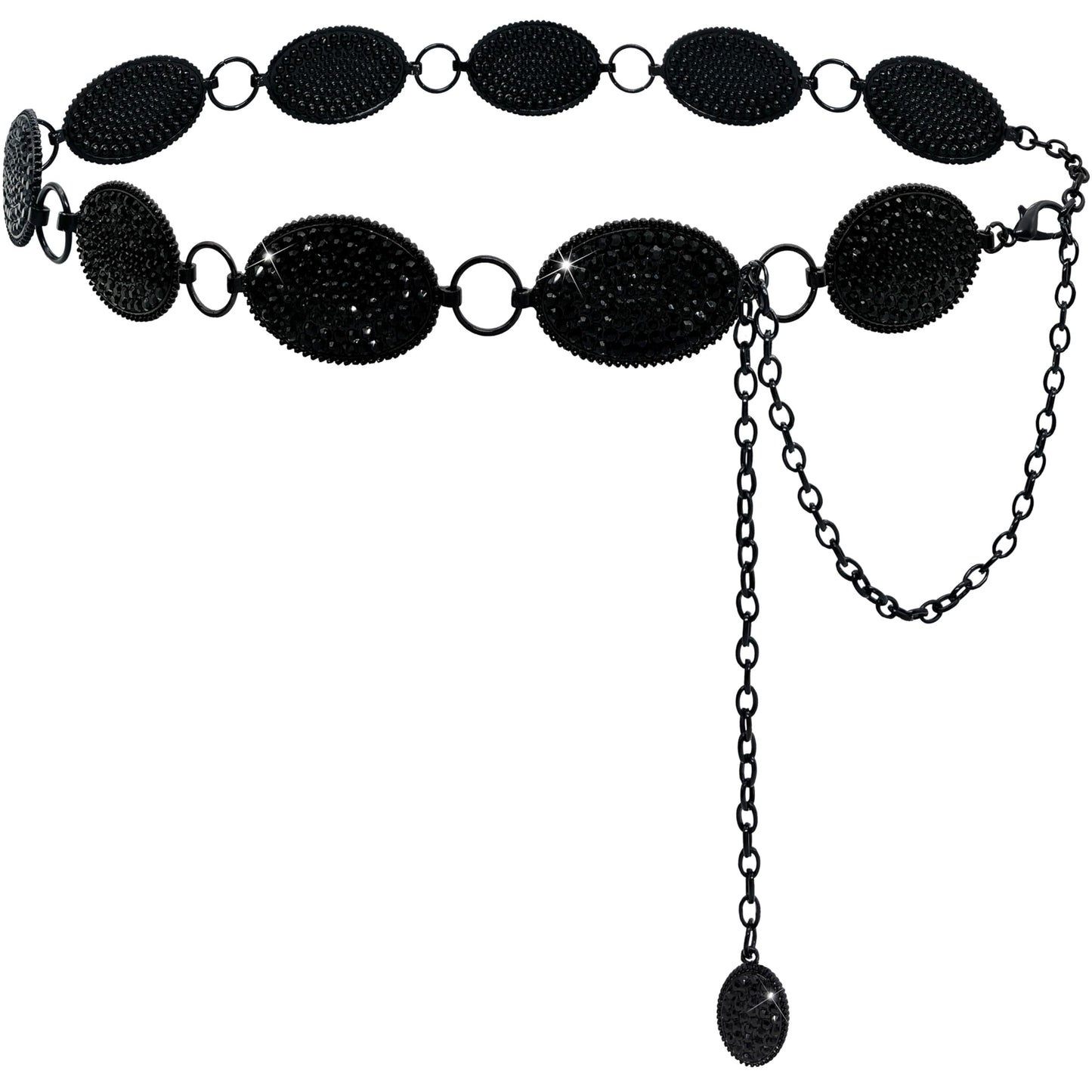 Xiokyo Bling Rhinestone Concho Belt Heavy Metal Western Crystal Chain Belt Cowgirl Sparkly Waist Chain for Women (Black-black Crystals, 38–40")