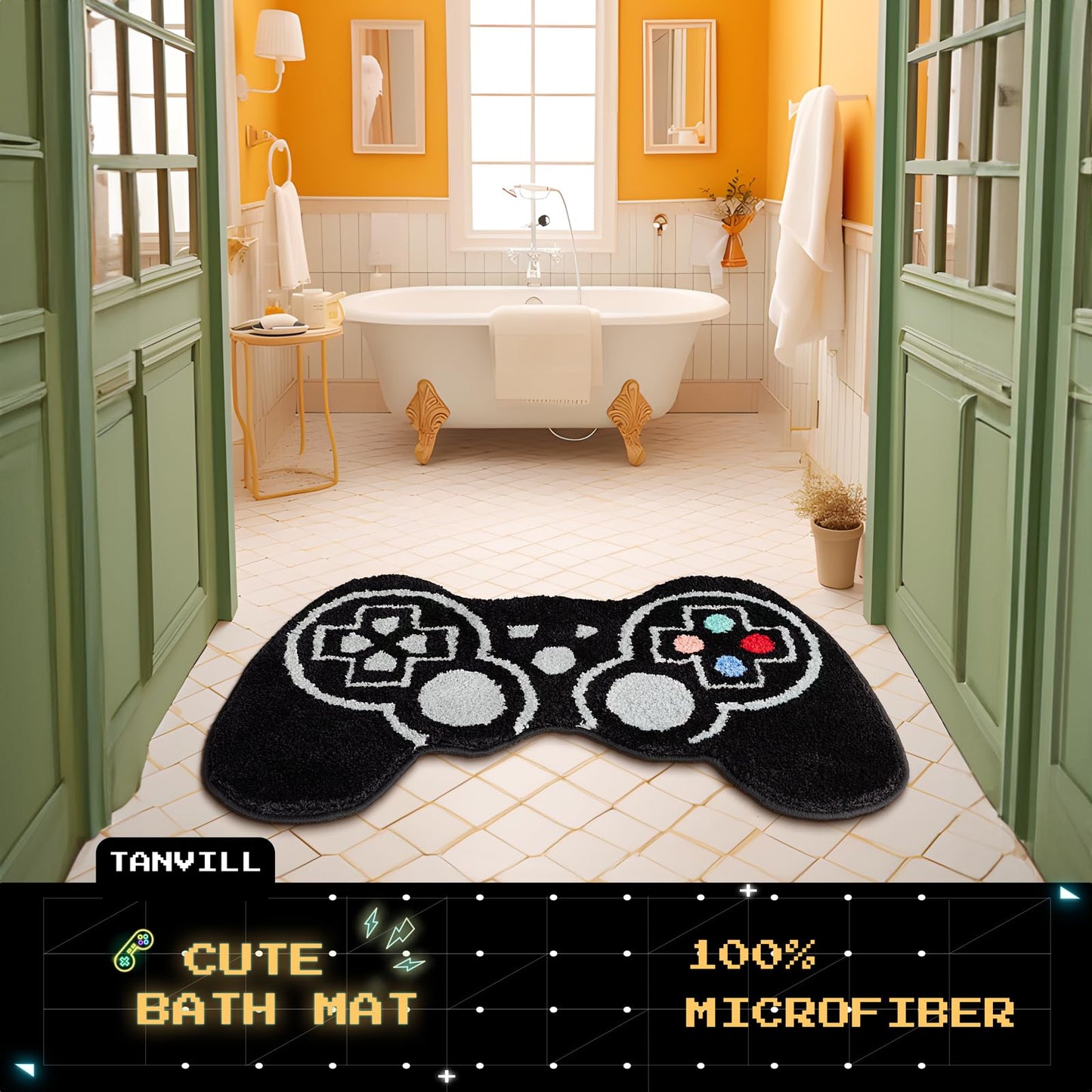 TANVILL Funny Bath Mat, Cute Black Gamepad Bathroom Rug