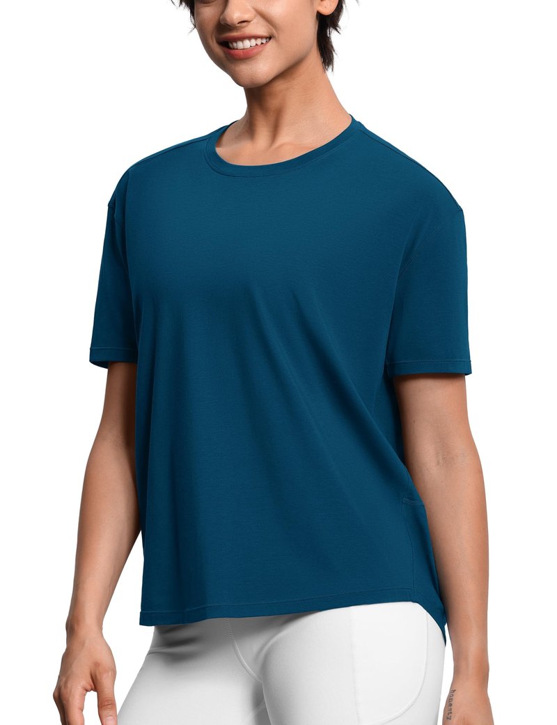 THE GYM PEOPLE Women's Short Sleeve Workout T-Shirts Back Loose Fit Running Yoga Tee Tops Dark Blue Green