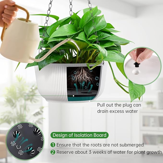 Set of 2 10 Inch White Self Watering Hanging Planters for Indoor Outdoor Plants, Thickened Hanging Flower Pots with Drainage Hole & Plug and 20" Chain Hanger