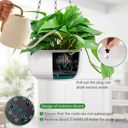 Set of 2 10 Inch White Self Watering Hanging Planters for Indoor Outdoor Plants, Thickened Hanging Flower Pots with Drainage Hole & Plug and 20" Chain Hanger
