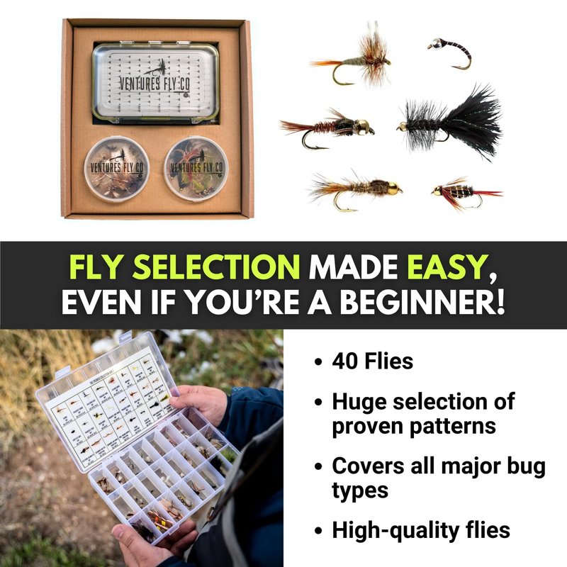 Ventures Fly Co. | Weekend Warrior Starter Package | 23 Fly Fishing Accessories Complete Combo | Includes Rod, Reel, Line, Flies, Leader, Tippet, Forceps, Nipper, Net, Sling Pack, and More!