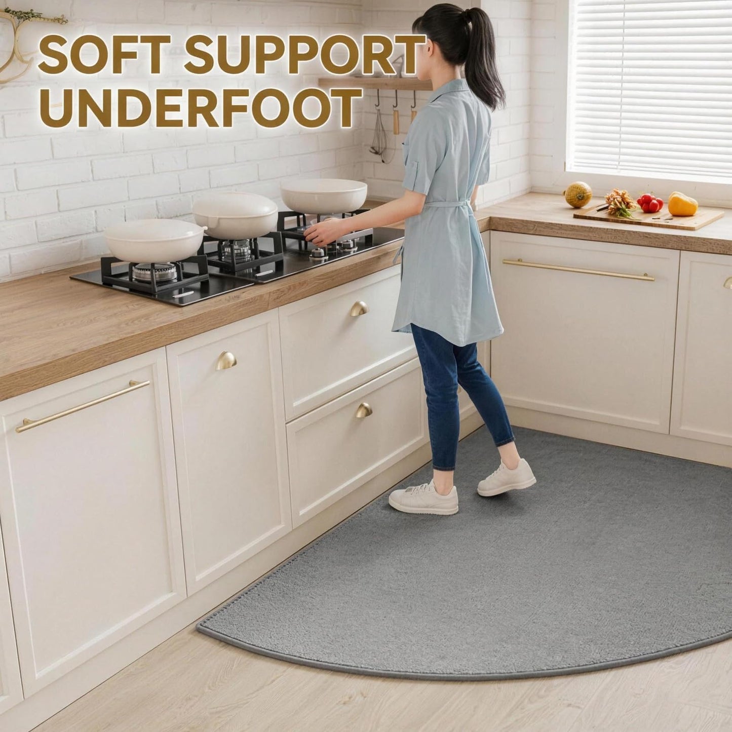 Ciuwuuhe Gray Corner Kitchen Rug, Quarter Circle Rug, Imitation Linen Braided Floor Mat with Rubber Back, Washable Rug for Kitchen Sink Area, Radius 39 Inch