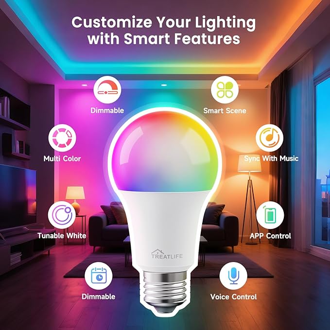 Treatlife Smart Light Bulb, Dimmable Multicolor and White LED Bulb, Compatible with Alexa, Google Assistant, A19 E26 8W (60W Equivalent), No Hub Required, 2 Pack