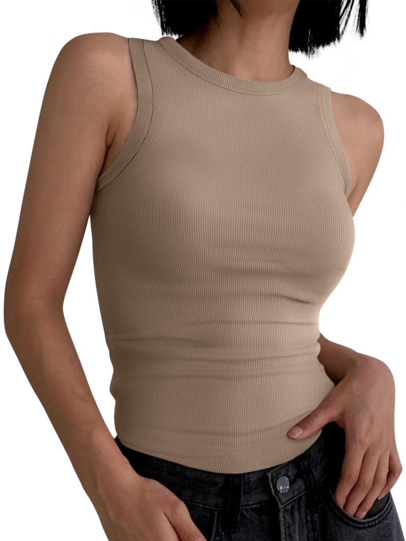 ANRABESS Womens Sleeveless High Neck Tank Tops Fashion Summer Casual Basic Slim Fit Ribbed Racerback Top Shirt Clothes Light Coffee-L