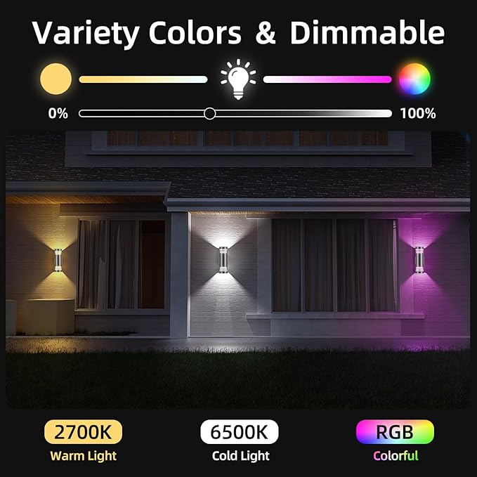 SHIMR Smart Outdoor Wall Lights RGBCW, Modern Color Changing Outdoor Sconce Cylinder Stainless Steel Exterior Light Fixture with Remote, Up and Down Outside Lights for House Home Theater Lighting