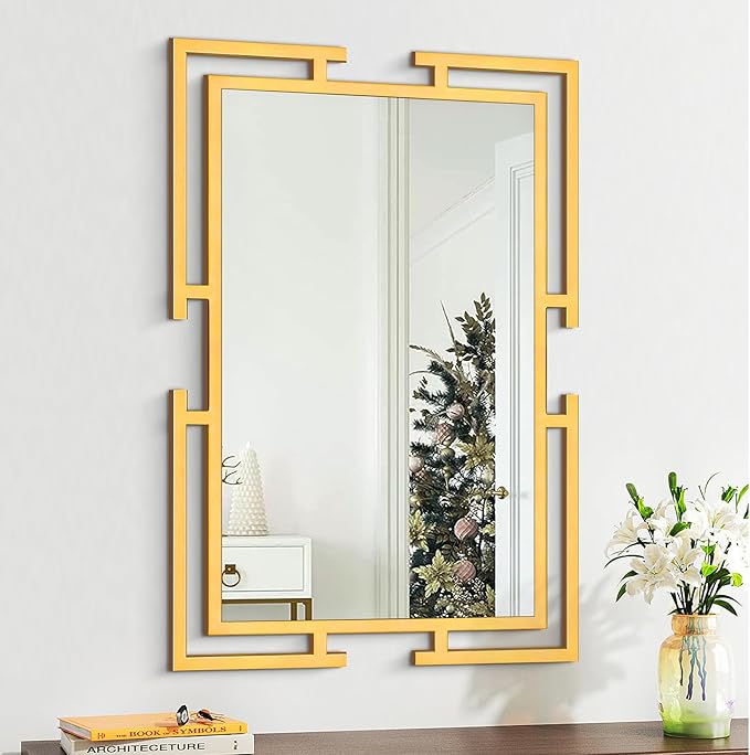 Large Decorative Wall Mirror, 24"x36" Gold Mirror for Bedroom, Tempered Mirror Wall Decor with Metal Frame for Living Room, Modern Farmhouse Mirror, Horizontal/Vertical