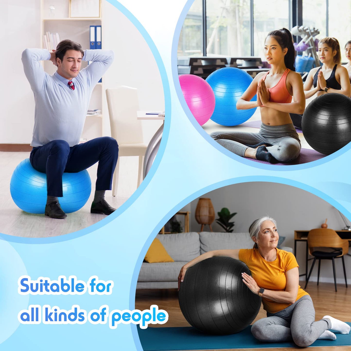 Honoson 3 Pcs Yoga Ball 55/65/75cm Exercise Ball for Working Out Birthing Pregnancy Gym Physical Therapy Balance Stability Fitness, Quick Pump Included