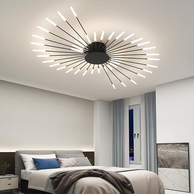 ziidoo Modern Ceiling Light, 42 Lights Metal Firework Designed Chic Led Lighting Fixture for Farmhouse Kitchen Dining Room Bedroom Hallway Living Room (Black)