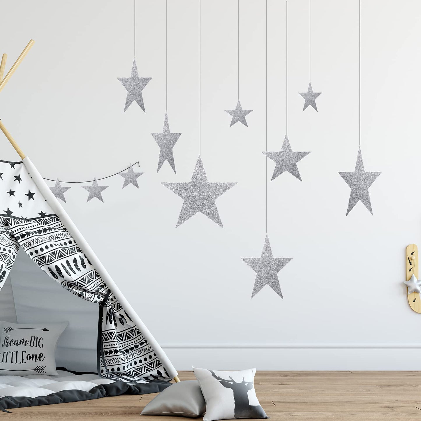 Boao 72 Pieces Silver Stars Shaped Cutouts Silver Cardboard Stars 4 Sizes 6cm/12cm/20cm/30cm Hanging Glitter Garlands with Nylon String for Wedding Birthday Party Graduation Classroom Wall Decor