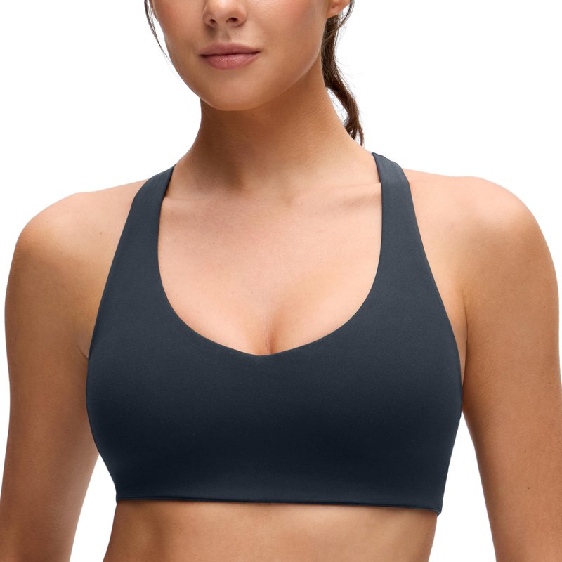 CRZ YOGA Butterluxe Racerback Sports Bras for Women - V Neck Supportive Padded Wireless Athletic Yoga Crop Top True Navy Small