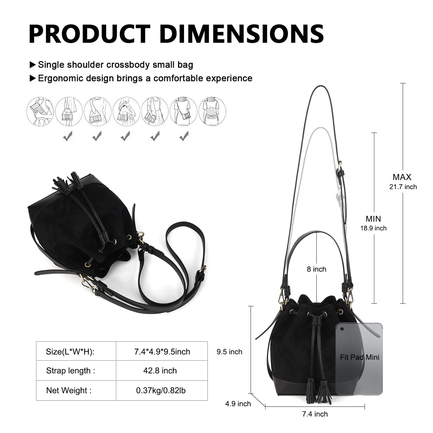 AFKOMST Faux Suede Bucket Bags and Drawstring Crossbody Boho Purse for Women Medium Hobo Handbags with 2 Shouder Straps (Black)