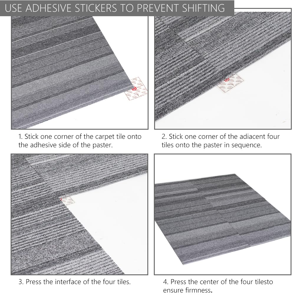 SUWUYUE Commercial Carpet Tiles 24"x 24" Reusable Squares, 18 Tiles 72 Sqft Non-Slip Gray Stripe Pattern Loop Pile Seamless DIY Flooring for Office Business Residential Spaces