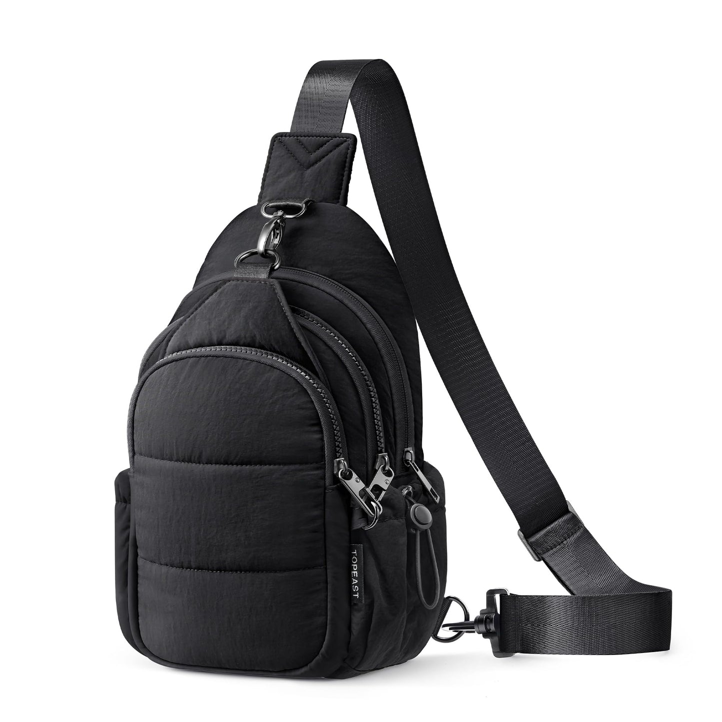TOPEAST Sling Bag for Women, Anti-Theft Crossbody Bag with RFID Blocking & Water Bottle Holder for Travel, Lightweight Puffer Cross body Purse for Daily Hiking, Water-resistant, Black