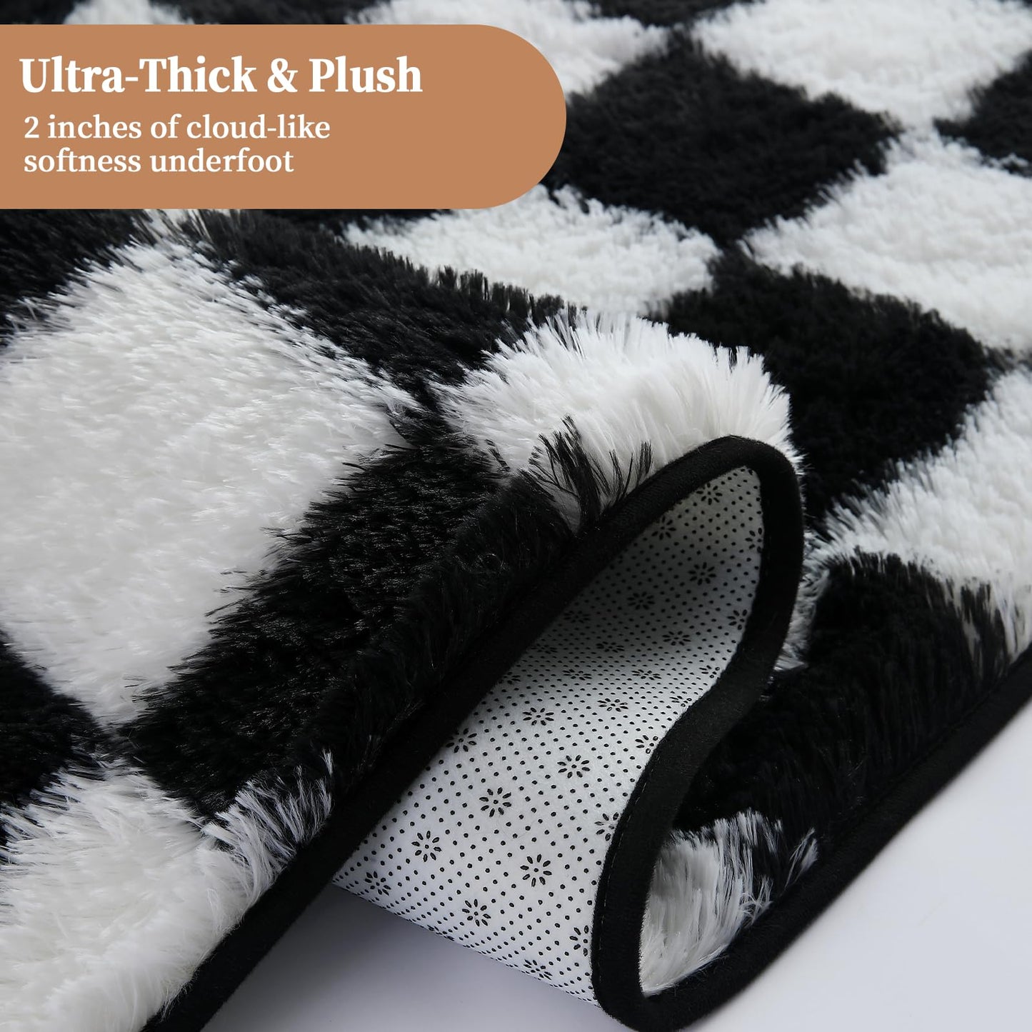 ThreadGlobe Checkered Shag Area Rug 8'x10', Black and White Plush Rug for Living Room, Non-Slip Soft Carpet for Bedroom Nursery, Modern Floor Decor with Grid Pattern, 8x10